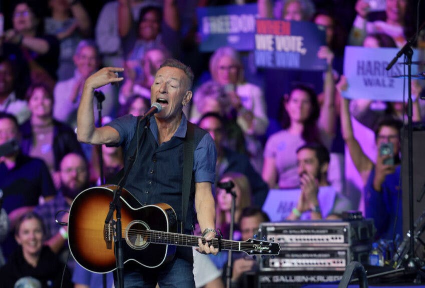PHILADELPHIA, PENNSYLVANIA - OCTOBER 28: Singer Bruce Springsteen performs before former U.S. President Barack Obama speaks during a campaign rally in support of Democratic presidential nominee, U.S. Vice President Kamala Harris at Temple University October 28 in Philadelphia, Pennsylvania. Voters in the United States will cast their ballots on November 5, 2024. (Photo by Win McNamee/Getty Images)