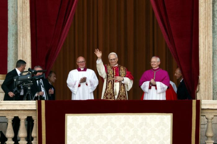The newly elected Pontiff, Pope Leo XIV is seen for the first time from the Vatican balcony on May 8, 2025 in Vatican City, Vatican.