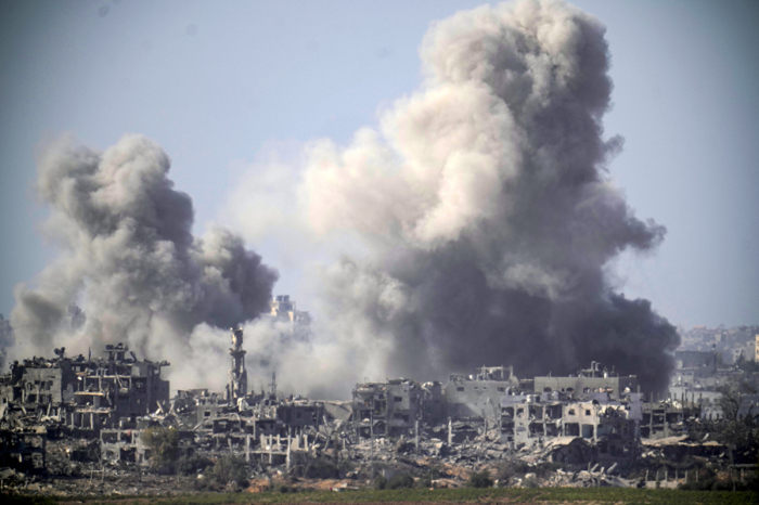 A plume of smoke follows an Israeli airstrike in the northern part of the Gaza Strip as Israel continues its bombardment and ground offensive on November 09, 2023, seen from Sderot, Israel.