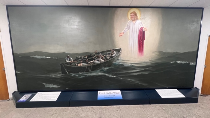 The 1944 painting 'Christ on the Water' by Hunter A. Wood on display in the basement of the chapel of the U.S. Merchant Marine Academy in Kings Point, New York.