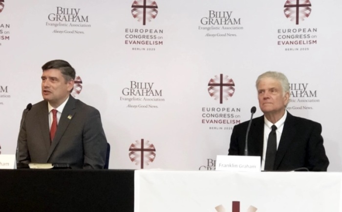Will Graham (left), pictured with his father Franklin (right), speaks at the press conference for the European Congress on Evangelism organized by the Billy Graham Evangelistic Association in Berlin, Germany, in May 27, 2025.