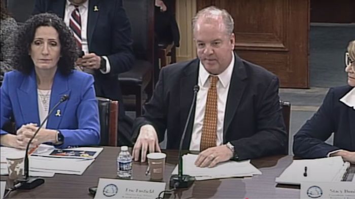 Eric Fusfield (C) of B’nai B’rith International and Marina Rosenberg (L) of the Anti-Defamation League testify during the 'Worldwide Persecution of Jews' hearing in Washington, D.C., on May 20, 2025.