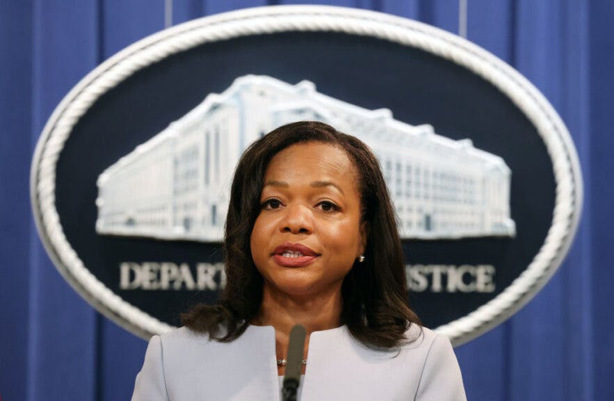 U.S. Assistant Attorney General for the Civil Rights Division Kristen Clarke speaks on a federal investigation of the City of Phoenix. (Photo by Kevin Dietsch/Getty Images)