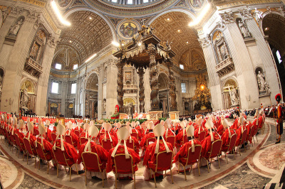 Cardinals attend the Pro Eligendo Romano Pontifice Mass at St Peter's Basilica, before they enter the conclave to decide who the next pope will be, on March 12, 2013 in Vatican City, Vatican. Cardinals are set to enter the conclave to elect a successor to Pope Benedict XVI after he became the first pope in 600 years to resign from the role. The conclave is scheduled to start on March 12 inside the Sistine Chapel and will be attended by 115 cardinals as they vote to select the 266th Pope of the Catholic Church.