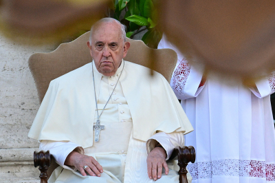 Pope Francis presides over the Corpus Christi ceremony outside Saint Mary Major basilica after a procession arrived from Saint John in Lateran basilica, on June 2, 2024, in Rome, Italy.