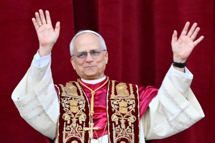 Newly elected Pope Leo XIV, Robert Prevost arrives on the main central loggia balcony of the St. Peter's Basilica for the first time, after the cardinals ended the conclave, in The Vatican, on May 8, 2025. Robert Francis Prevost was on Thursday elected the first pope from the United States, the Vatican announced. A moderate who was close to Pope Francis and spent years as a missionary in Peru, he becomes the Catholic Church's 267th pontiff, taking the papal name Leo XIV.