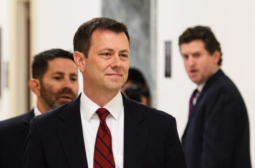 FBI agent Peter P. Strzok(C) arrives for a full committee meeting on "Deposition of Peter P. Strzok "at the House Judiciary Committee on Capitol Hill June 27, 2018 in Washington,DC. - Strzok had a central role on the FBI's investigation into Hillary Clinton's handling of classified information, and later worked on the investigation into connections between Trump campaign associates and Russia. (Photo by Mandel Ngan / AFP) (Photo credit should read MANDEL NGAN/AFP via Getty Images)