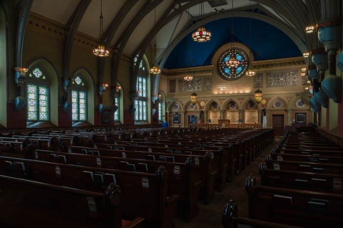 The interior of First Presbyterian Church in Bath, New York.