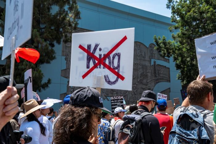 A protester holds a sign with the word 'King' crossed out during the 'No Kings' rally in Los Angeles, California on June 14, 2025. The coordinated day of action was timed as a direct counter to Donald Trump's highly publicized celebration marking the U.S. Army's 250th anniversary and his own 79th birthday, which included military-style displays in Washington, D.C. Protesters denounced the militarization of democracy, anti-immigrant policies, and what they see as the growing normalization of authoritarian behavior under Trump's leadership.