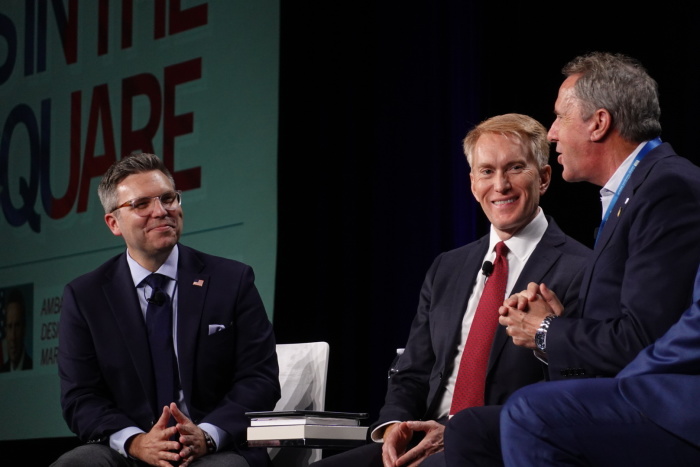 ERLC President Brent Leatherwood (left) with Sen. James Lankford, and Ambassador designee Mark Walker at the 'Southern Baptists in the Public Square' event on June 8, 2025, at the Kay Bailey Hutchison Convention Center in Dallas, Texas.