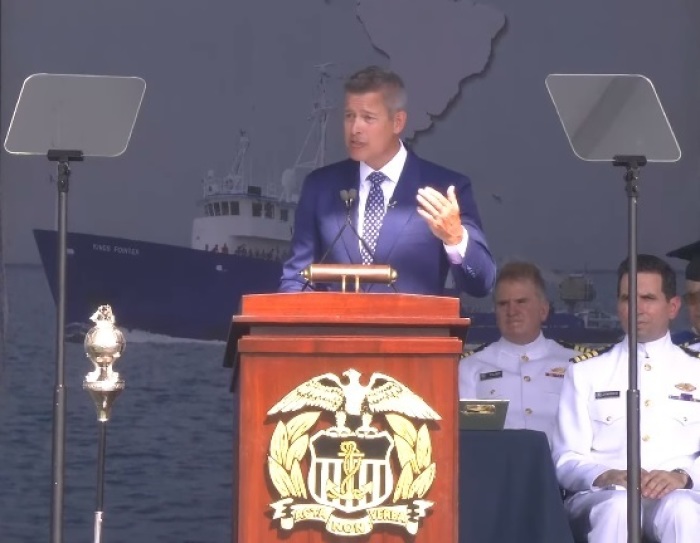 United States Secretary of Transportation Sean Duffy delivers the commencement address at the U.S. Merchant Marine Academy in Kings Point, New York, June 23, 2025.