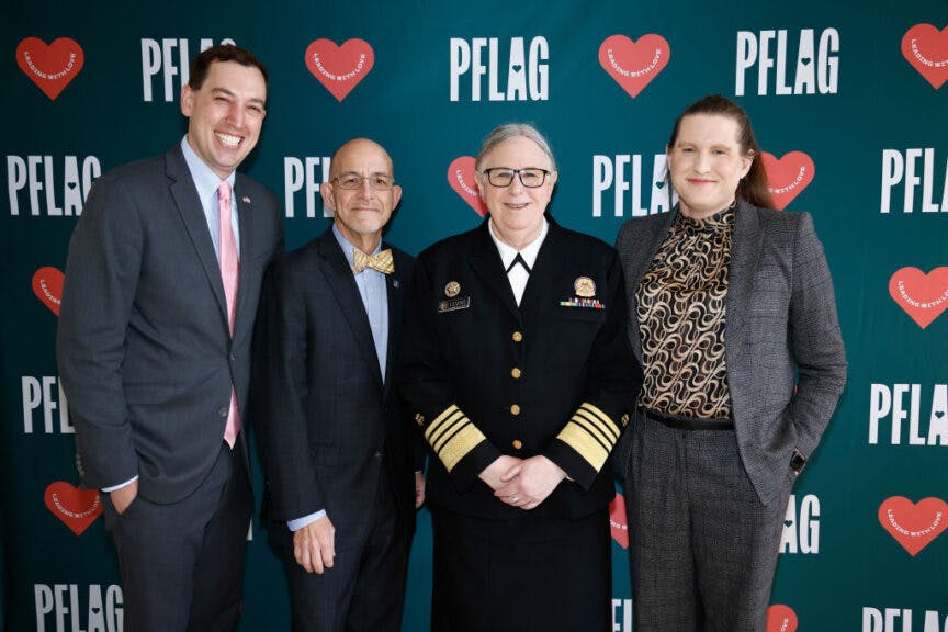(L-R) Jesse M. Ehrenfeld, MD, MPH, President of the American Medical Association; PFLAG National CEO Brian K. Bond; Admiral Rachel L. Levine, MD, the 17th Assistant Secretary for Health (ASH) for the U.S. Department of Health and Human Services; and Charlotte Clymer, writer, transgender activist, and military veteran attend Learning With Love: The 2023 PFLAG National Convention, four days of educating, lobbying, networking, and leading with love, taking place October 19-22, 2023 in Washington, DC.