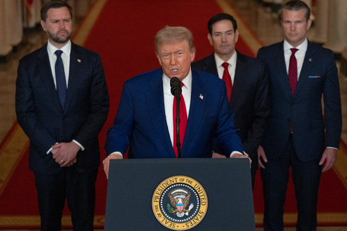 U.S. President Donald Trump delivers an address to the nation accompanied by U.S. Vice President JD Vance, U.S. Secretary of State Marco Rubio and U.S. Defense Secretary Pete Hegseth from the White House on June 21, 2025, in Washington, D.C. President Trump addressed the three Iranian nuclear facilities that were struck by the U.S. military early Sunday.