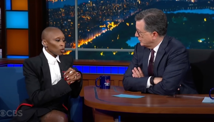 Late-night talk show host Stephen Colbert talks with self-described bisexual actress Cynthia Erivo, who is slated to portray Jesus during a performance of 'Jesus Christ Superstar' at the Hollywood Bowl in August.