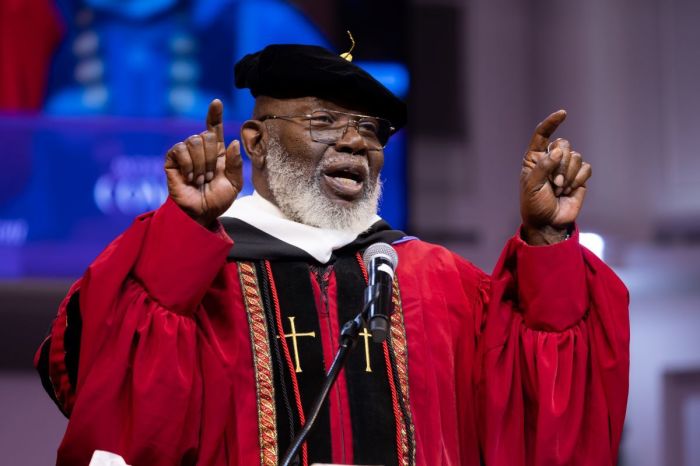 T.D. Jakes gives a convocation speech at Morris Brown College in Atlanta, Georgia, on May 17, 2025.