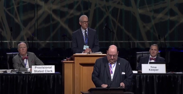 Pastor Kevin DeYoung, moderator of the 52nd General Assembly of the Presbyterian Church in America, which was held in Chattanooga, Tennessee, overseeing the proceedings on Thursday, June 26, 2025.