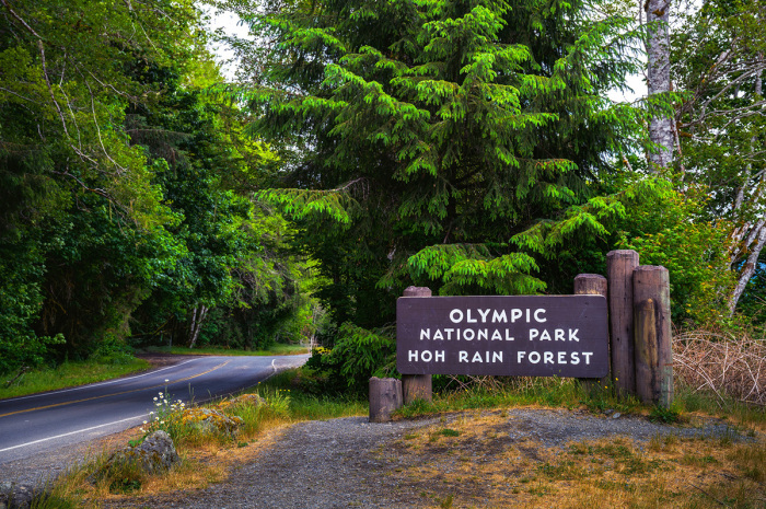 Welcome sign for Olympic National Park Hoh Rain Forest in Washington State stock photo