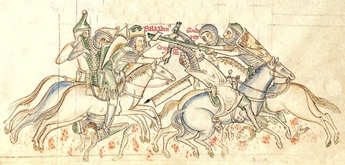 A 13th century depiction of the 1187 battle of Hattin, in which Islamic forces under Saladin defeated a Crusader army led by Guy de Lusignan.