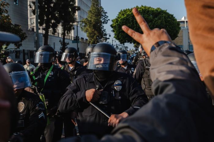 Police push back protesters from the Edward Roybal Federal Building on June 9, 2025 in Downtown Los Angeles, California. Tensions in the city remain high after the Trump administration called in the National Guard against the wishes of city leaders.