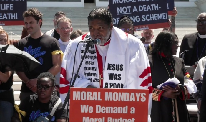 The Rev. William Barber II, co-chair of the Poor People's Campaign and president of the group Repairers of the Breach, speaking at a 'Moral Monday' rally outside of the United States Supreme Court building on Monday, June 2, 2025.