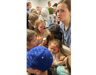 Children at the Ark Church's summer camp in Ukraine shelter in the basement after a Russian missile landed close by on June 24, 2025.