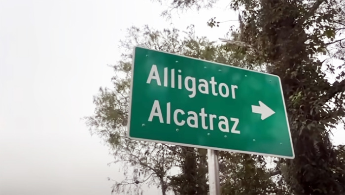A sign for the Florida detention center called 'Alligator Alcatraz.'