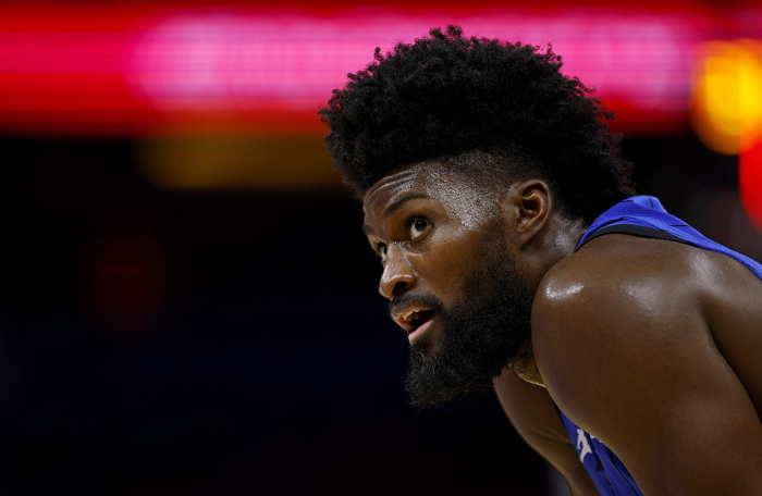 Jonathan Isaac #1 of the Orlando Magic looks on during the second half of an NBA play-in tournament game against the Atlanta Hawks at Kia Center on April 15, 2025, in Orlando, Florida.