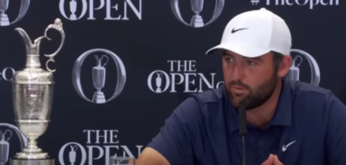 Professional golfer Scottie Scheffler speaks at a press conference after winning the 153rd Open, July 20, 2025.