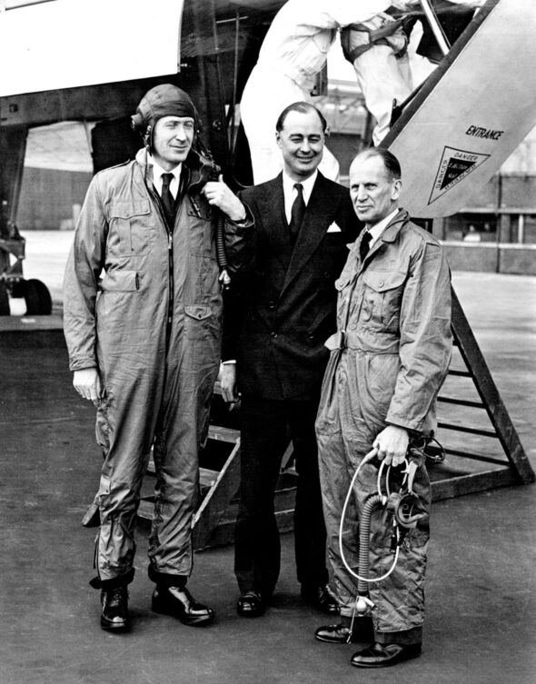Vulcan test pilot Roly Falk, centre, in his customary pin-stripe suit