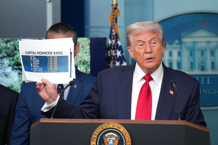 U.S. President Donald Trump shows crime statistics as he delivers remarks during a press conference in the James S. Brady Press Briefing Room of the White House August 11, 2025, in Washington, D.C. Trump announced he will use his authority to place the D.C. Metropolitan Police Department under federal control to assist in crime prevention in the nation’s capital.