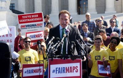 Former Gov. Arnold Schwarzenegger, R-Calif speaks outside of The United States Supreme Court after an oral arguments in Gill v. Whitford to call for an end to partisan gerrymandering on October 3, 2017 in Washington, DC.