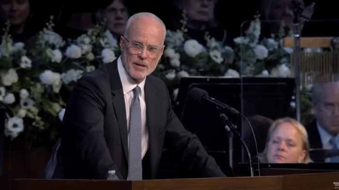 Matt MacArthur, eldest son of the late Pastor John MacArthur, delivers a eulogy for his father on Aug. 23, 2025, at Grace Community Church in Los Angeles, California.