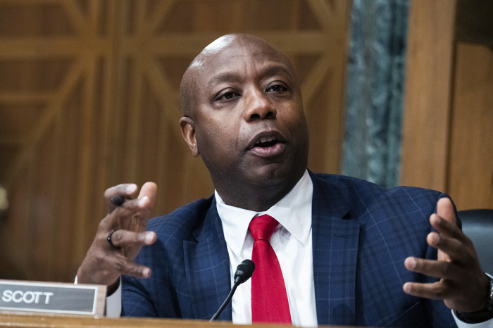 Sen. Tim Scott, R-S.C., questions U.S. Federal Reserve Chair Jerome Powell as he testifies at a Senate Banking, Housing, and Urban Affairs Committee hearing on the Fed's 