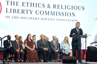 Ethics & Religious Liberty Commission President Brent Leatherwood delivers the ERLC report to the messengers at the 2025 Southern Baptist Convention Annual Meeting in Dallas, Texas, on June 11, 2025.