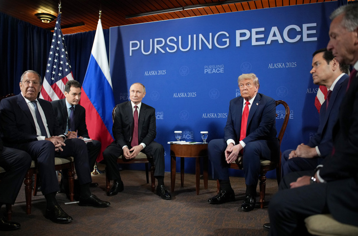 U.S. President Donald Trump (R) and Russian President Vladimir Putin (L) hold a meeting at Joint Base Elmendorf-Richardson on Aug. 15, 2025, in Anchorage, Alaska. The two leaders are meeting for peace talks aimed at ending the war in Ukraine. Russian Minister of Foreign Affairs Sergey Lavrov (L) and U.S. Secretary of State Marco Rubio also joined the meeting. 