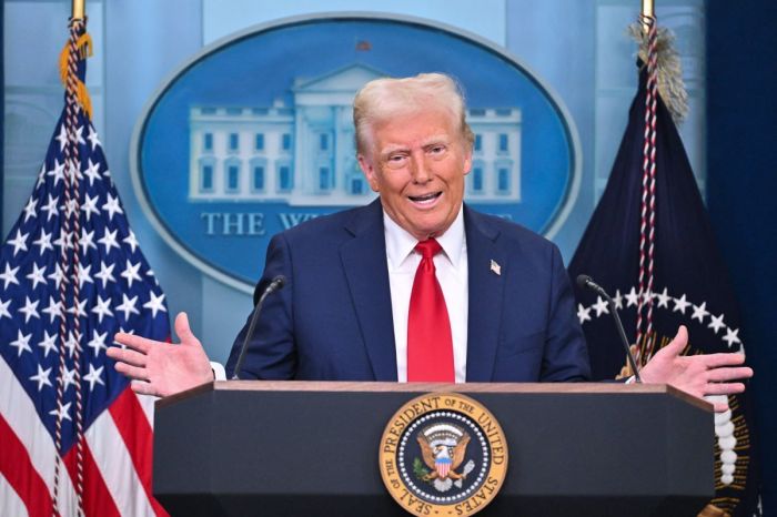 President Donald Trump speaks about the mid-air crash between American Airlines flight 5342 and a military helicopter in Washington, in the Brady Press Briefing Room at the White House on January 30, 2025, in Washington, D.C.