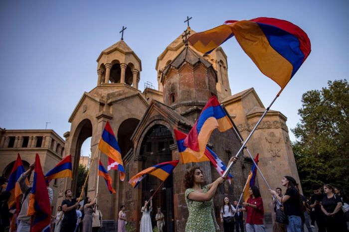 Armenians gathered at Saint Anna church in the center of Yerevan, Armenia, to celebrate Artsakh Republic Day on September 1, 2024. 