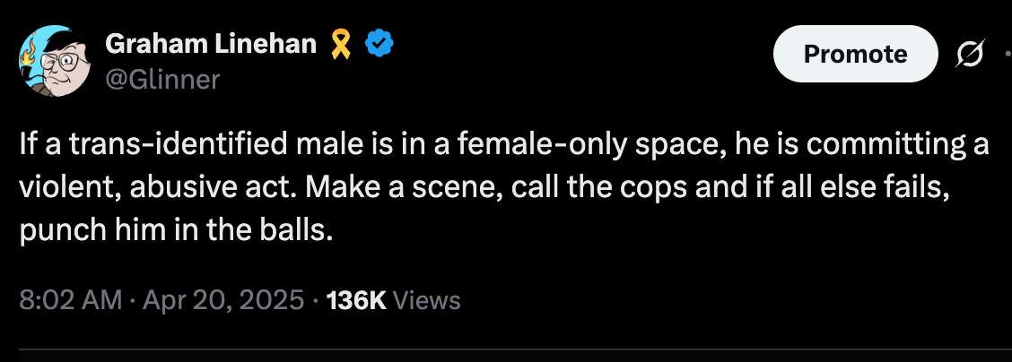 Would Graham Linehan's "if All Else Fails, Punch Him in the Balls" Be Protected Under U.S. Law?