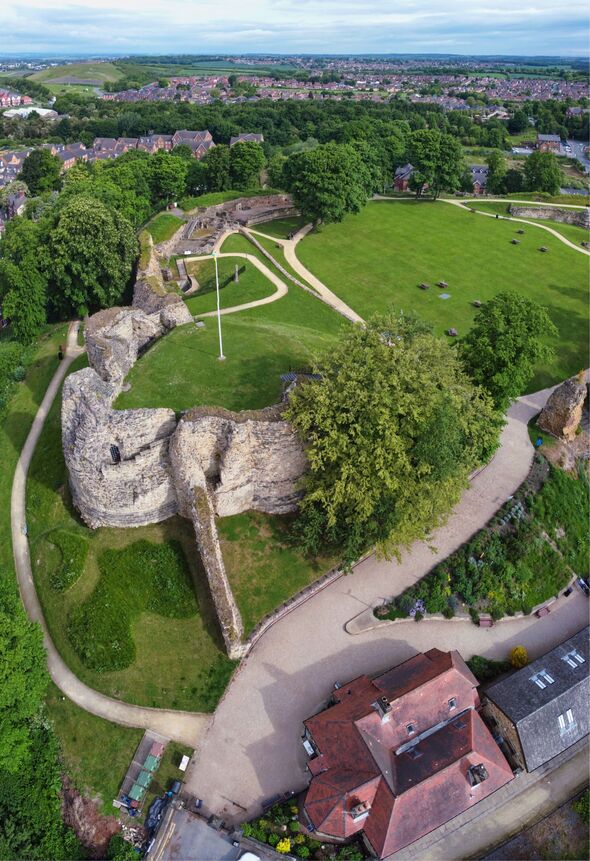 Aerial vertical panorama of ruins of Pontefract castle, Pontefract, West Yorkshire, England, Britain