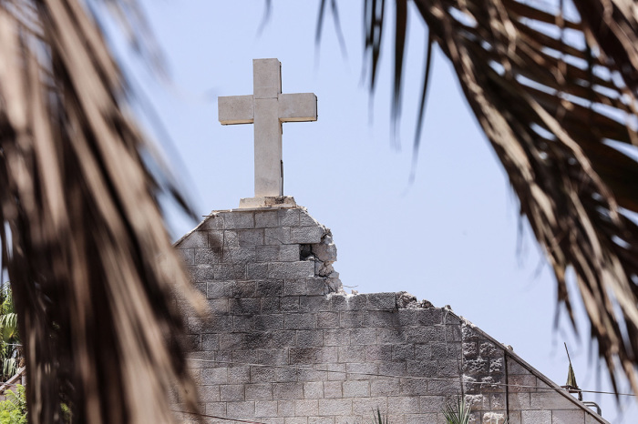 A view of the damage to the Holy Family church in Gaza City following an Israeli strike on the church, in the Zeitoun neighborhood of Gaza City on July 17, 2025. An Israeli strike on Gaza's only Catholic church killed two people on July 17, the Latin Patriarchate of Jerusalem said, as Israel said it