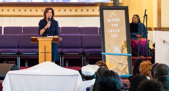 New York Governor Kathy Hochul delivers remarks at the True Bethel Baptist Church in Buffalo, N.Y. on September 07, 2025.