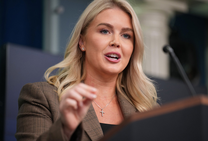 White House press secretary Karoline Leavitt speaks during the daily press briefing in the Brady Press Briefing Room at the White House on Sept. 22, 2025, in Washington, D.C. Leavitt discussed a range of topics during the briefing, including Charlie Kirk, energy, gas prices and inflation. 