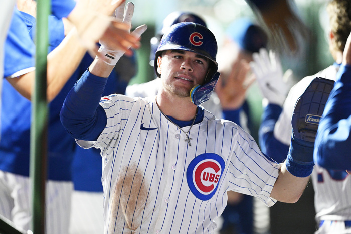 Matt Shaw #6 of the Chicago Cubs celebrates scoring on an Ian Happ (not pictured) double against the New York Mets during the third inning at Wrigley Field on Sept. 24, 2025, in Chicago, Illinois.