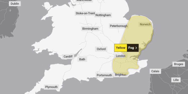 Met Office issues urgent yellow weather alert as 'dense fog' envelops Britain