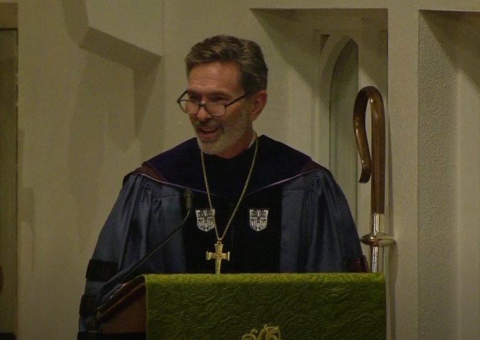 Scott Bader-Saye, dean and president of the Seminary of the Southwest of Austin, Texas, gives remarks at his official installation service in January 2025. 