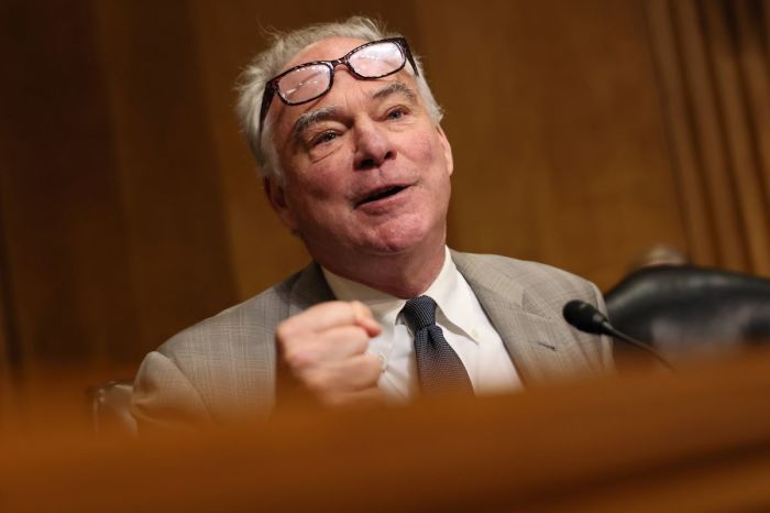 Sen. Tim Kaine (D-VA) speaks during a confirmation hearing before the Senate Committee on Foreign Relations in the Dirksen Senate Office Building on July 15, 2025 in Washington, DC.