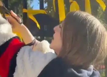 Husband of woman filmed cutting down memorial ribbons claims she was 'attacked by Mossad'