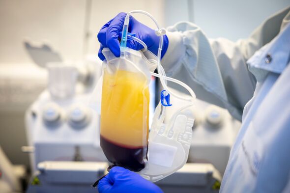 A bag of plasma and red cells A bag of plasma and red cells