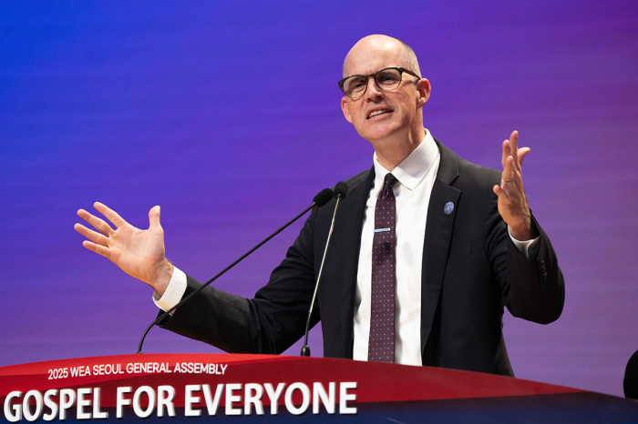 Kevin Brown, president of Asbury University in Wilmore, Kentucky, speaks about the fruits of the Asbury revival at the World Evangelical Alliance General Assembly in Seoul, South Korea, on Oct. 28, 2025. 