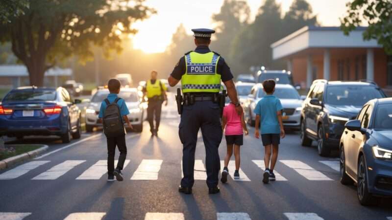 A police officer in a neon vest acts as a crossing guard, helping school children cross the street safely. | Juliu Ragnar | Dreamstime.com